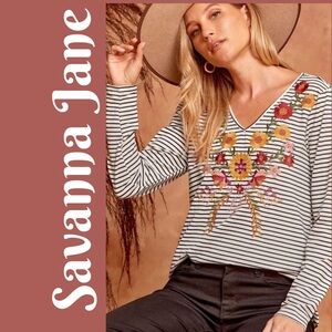 NWT Savanna Jane Marigold Embroidered Striped Top Size Small Boho Western Chic